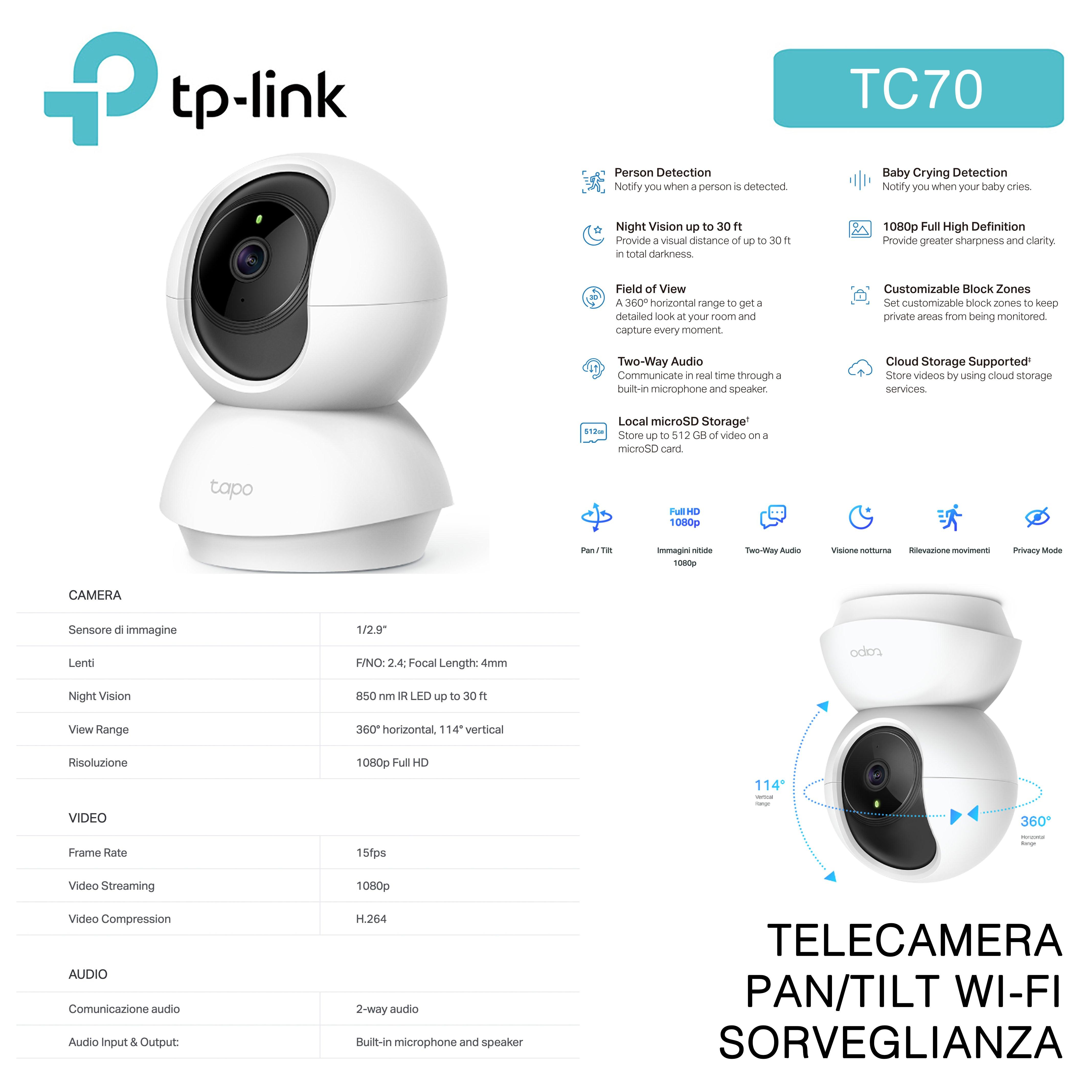 TELECAMERA PAN/TILT WI-FI SORVEGLIANZA TP-LINK ART.TC70 1PZ - koseakasa