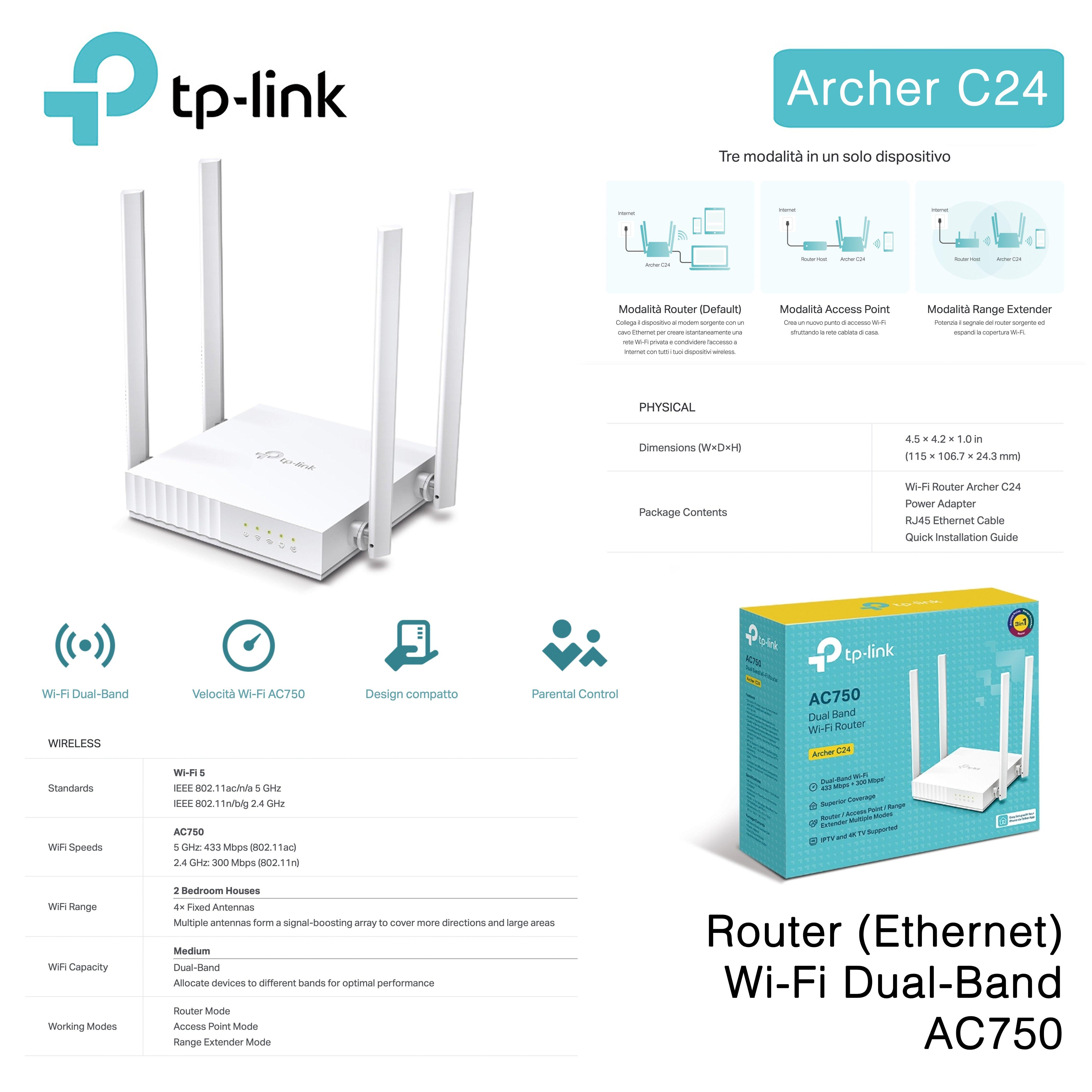 ROUTER 750MB DUAL BAND WIFI TP-LINK ART.ARCHER C24 1PZ - koseakasa