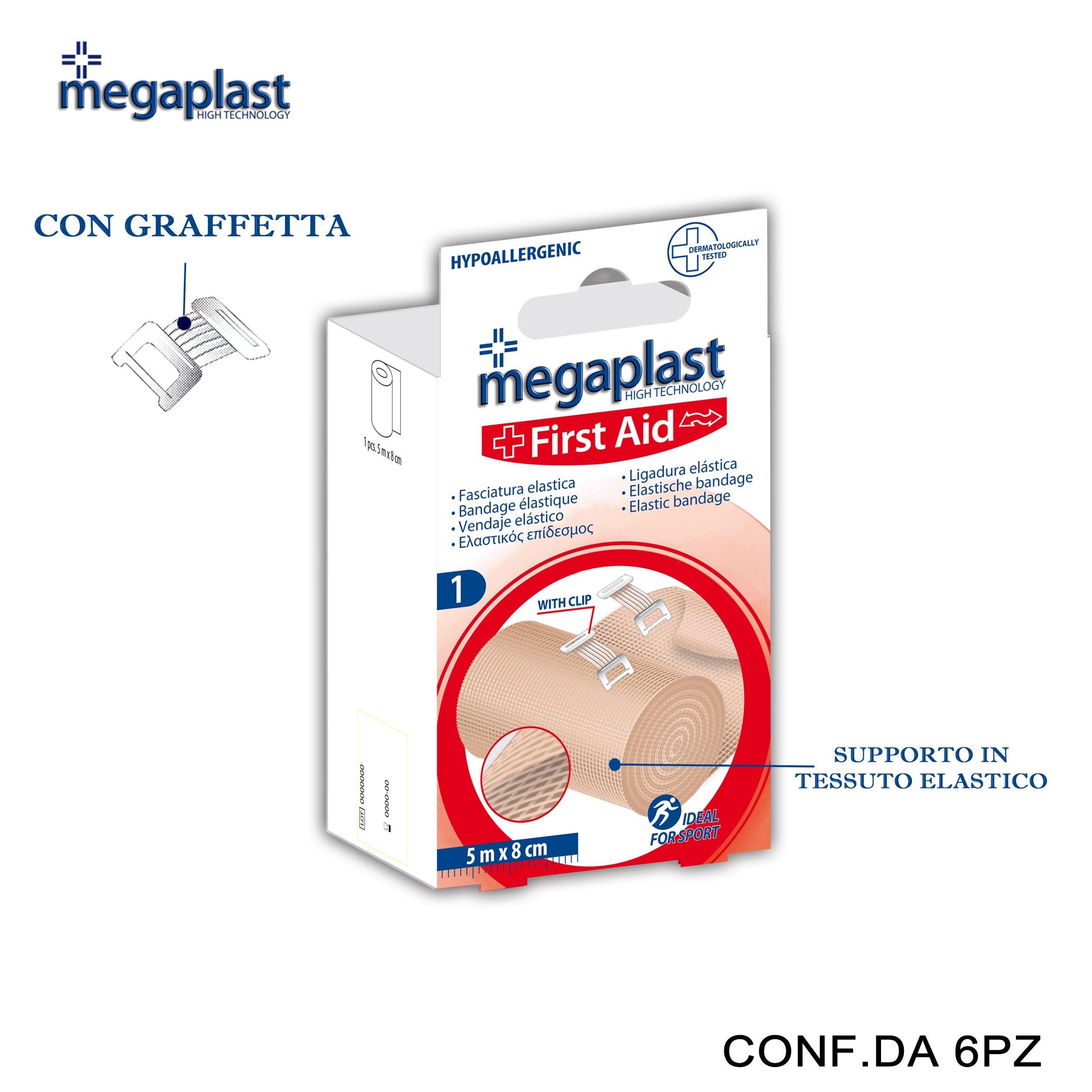 ART.164225 MEGAPLAST FIRST AID FASCIATURA ELASTICA CON CLIP 5MX8CM CONF.1 6PZ - koseakasa