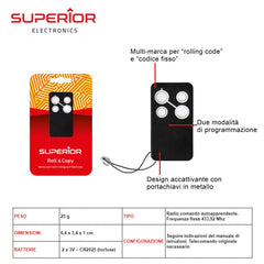 433,92 MHz ROLL COPY RADIOCOMANDI APRI CANCELLO ART.SUPRR001 SUPERIOR BL1 - koseakasa