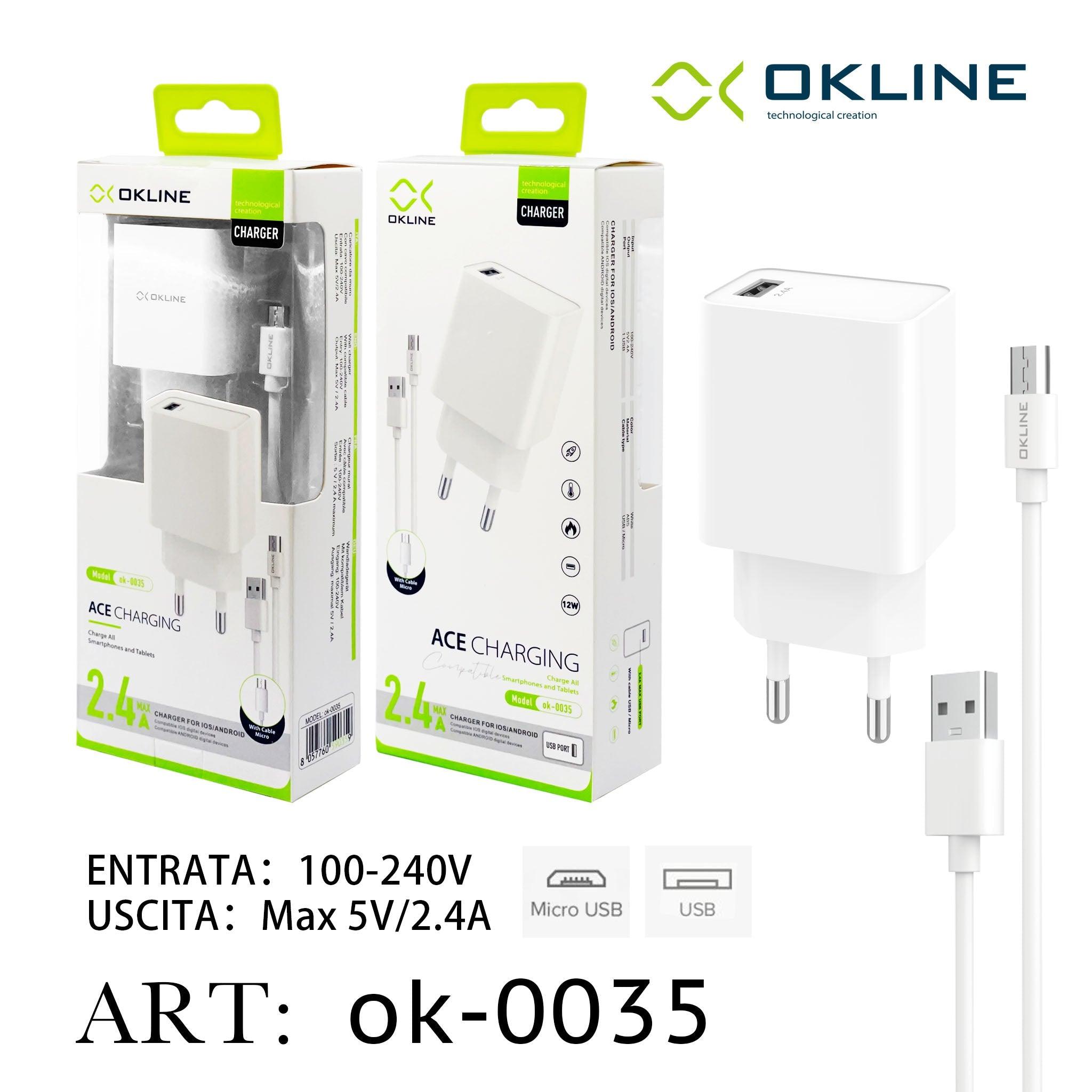 ART.OK-0035 OKLINE USB Caricatore 2.4A Con Micro USB Cavo Bianco - koseakasa