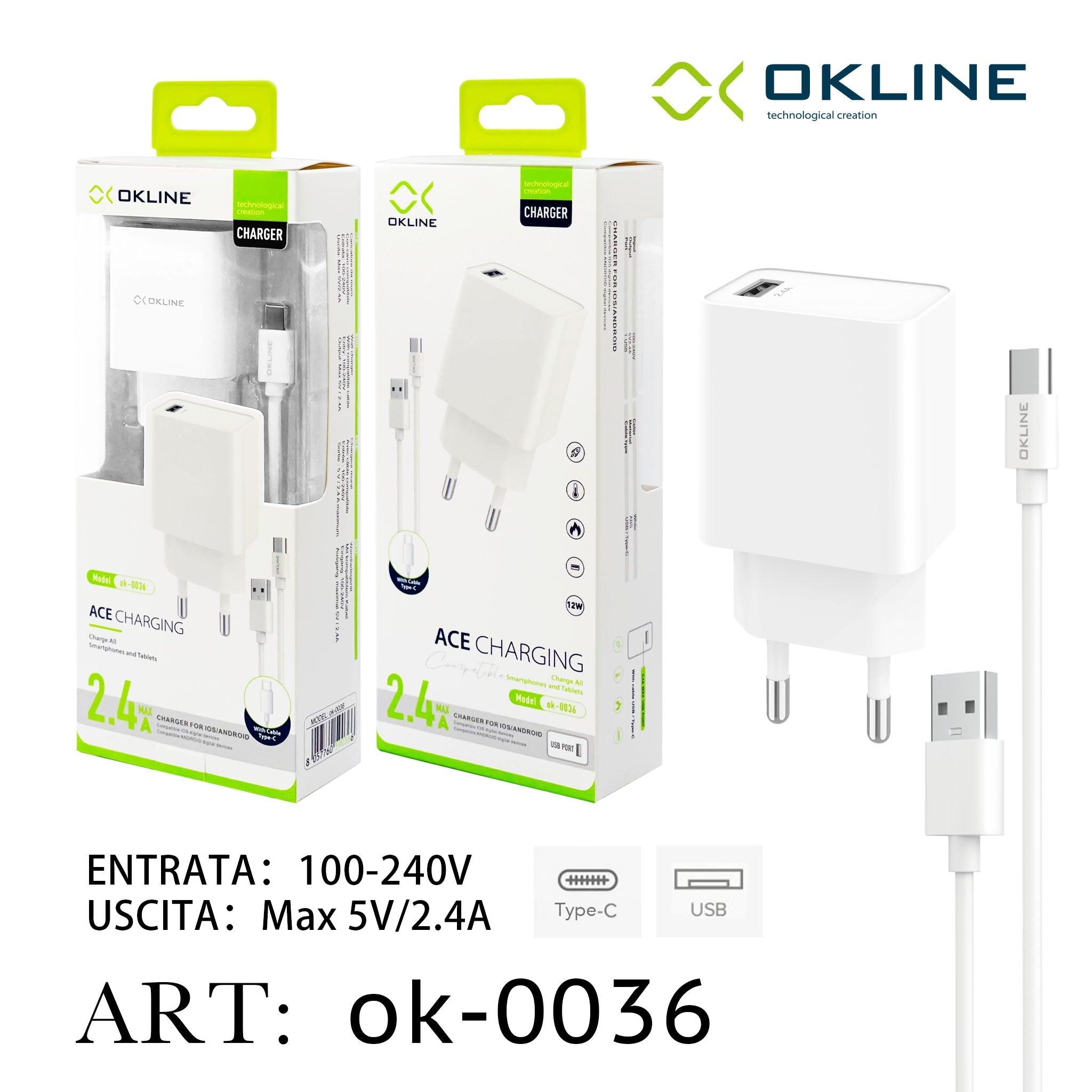ART.OK-0036 OKLINE USB Caricatore 2.4A Con Type-C USB Cavo Bianco - koseakasa