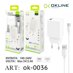 ART.OK-0036 OKLINE USB Caricatore 2.4A Con Type-C USB Cavo Bianco - koseakasa