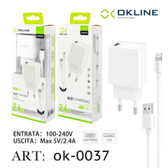 ART.OK-0037 OKLINE USB Caricatore 2.4A Con Iphone Lightning USB Cavo Bianco - koseakasa