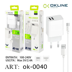 ART.OK-0040 OKLINE USB Caricatore 2.4A Con Type-C USB Cavo Bianco - koseakasa