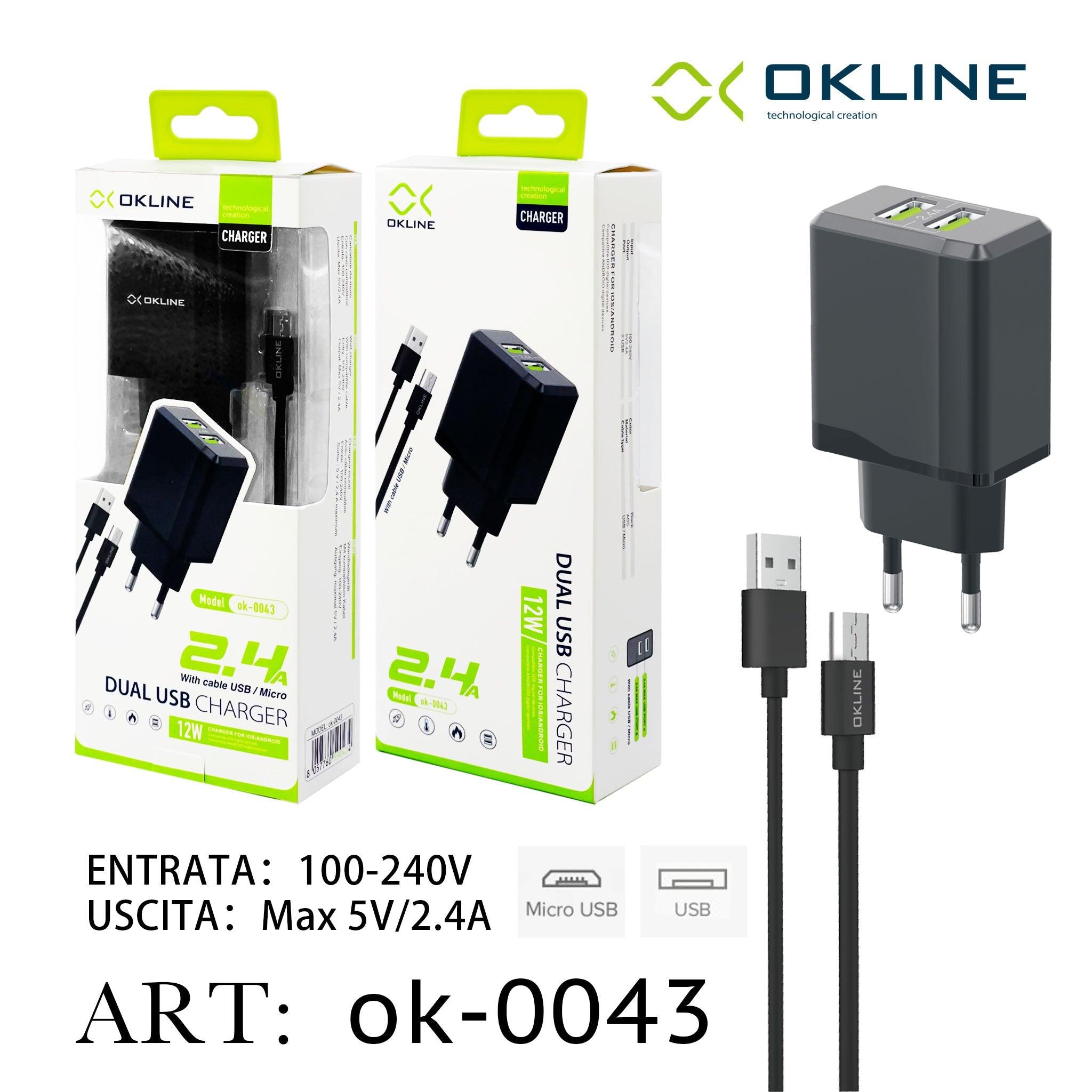 ART.OK-0043 OKLINE USB Caricatore 2.4A Con Micro USB Cavo Nero - koseakasa