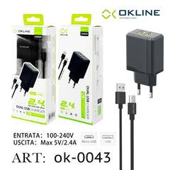 ART.OK-0043 OKLINE USB Caricatore 2.4A Con Micro USB Cavo Nero - koseakasa