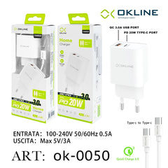 ART.OK-0050 OKLINE Caricatore da muro 20W Con cavo compatibile Bianco Type-C to Type-C - koseakasa