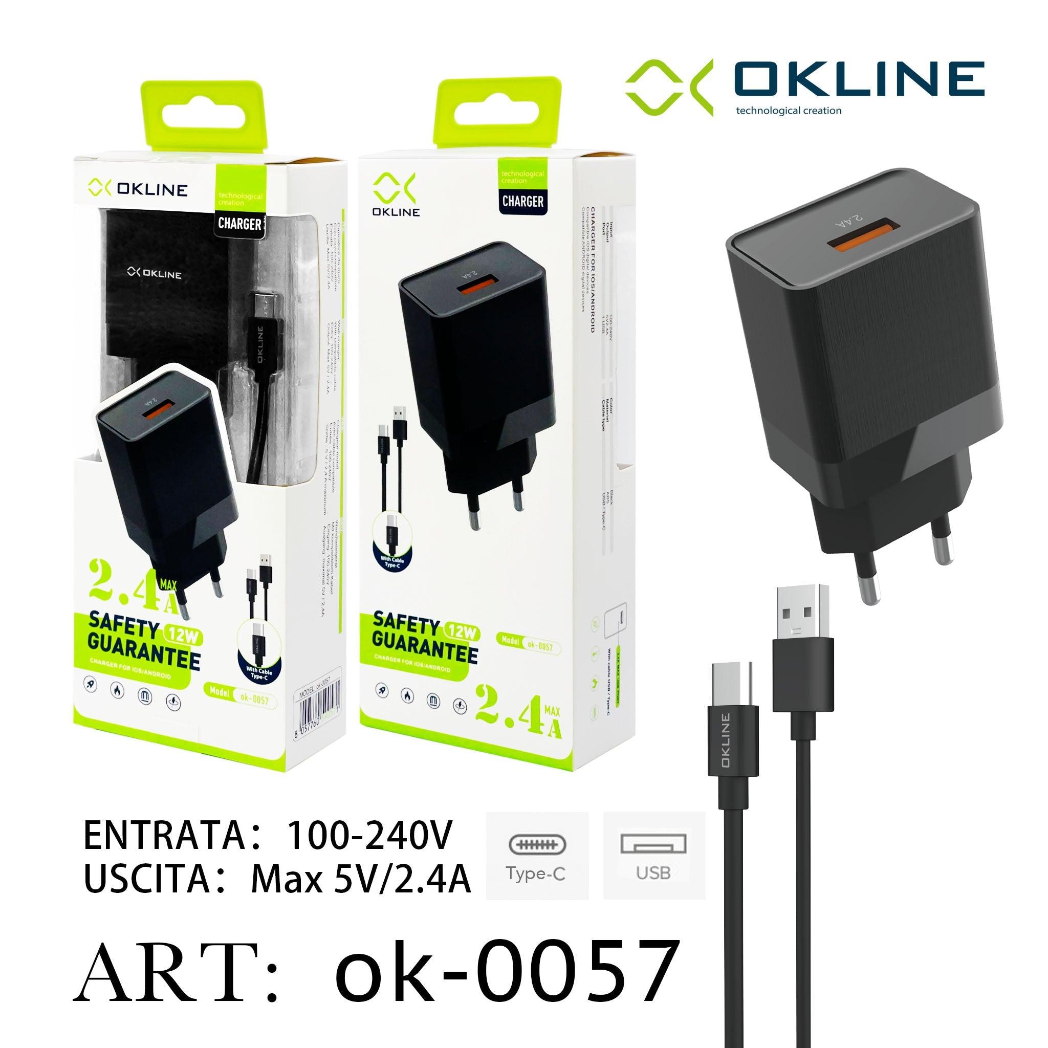 ART.OK-0057 OKLINE USB Caricatore 2.4A Con Type-C USB Cavo Nero - koseakasa