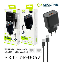 ART.OK-0057 OKLINE USB Caricatore 2.4A Con Type-C USB Cavo Nero - koseakasa