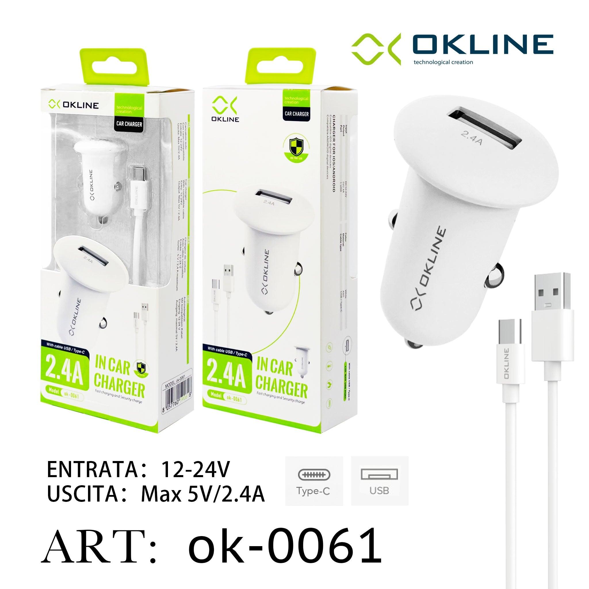 ART.OK-0061 OKLINE USB Caricatore Auto 2.4A Con Type-C USB Cavo Bianco - koseakasa