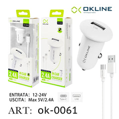 ART.OK-0061 OKLINE USB Caricatore Auto 2.4A Con Type-C USB Cavo Bianco - koseakasa