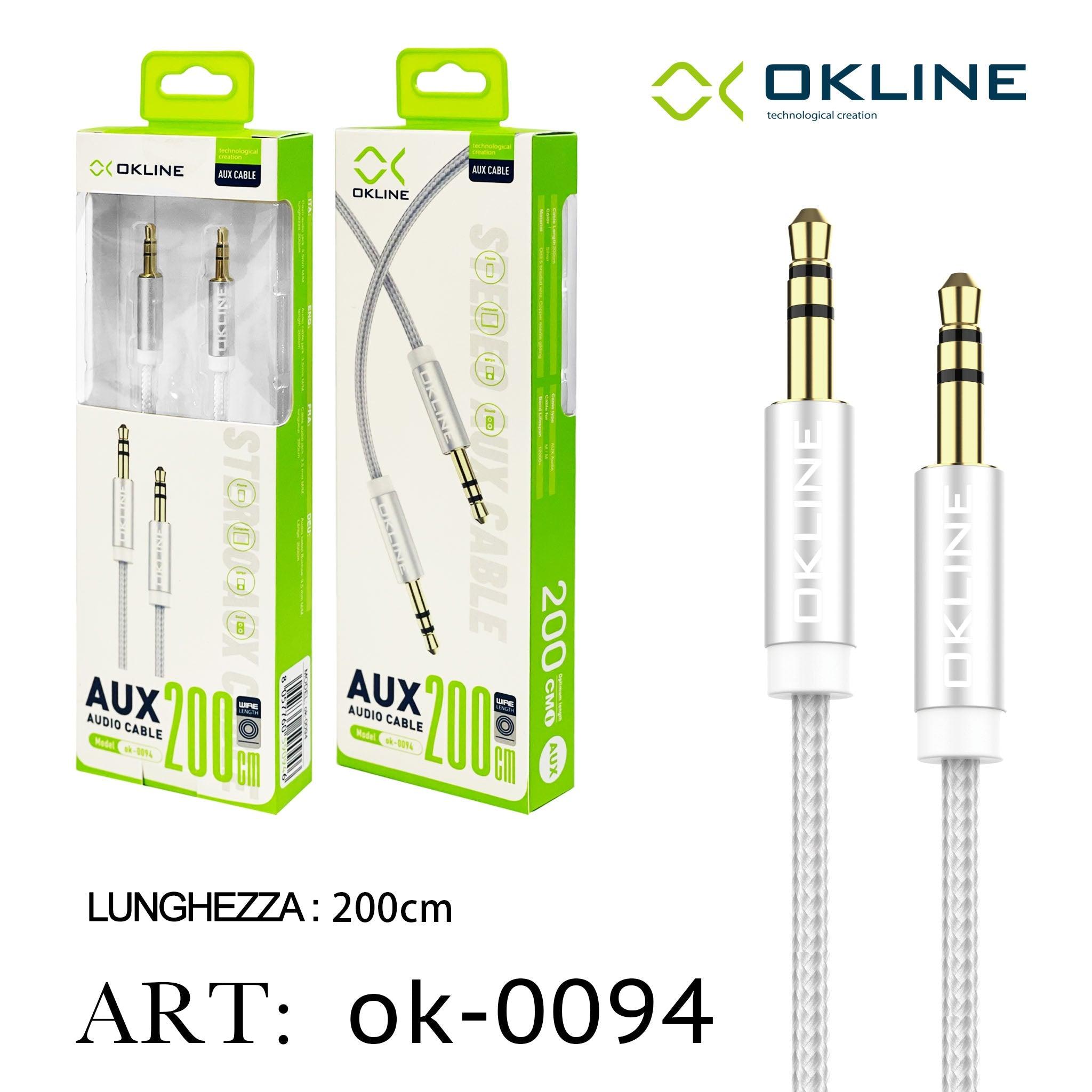 ART.OK-0094 OKLINE AUX CAVO AUDIO JACK 3.5MM 200CM ARGENTO - koseakasa