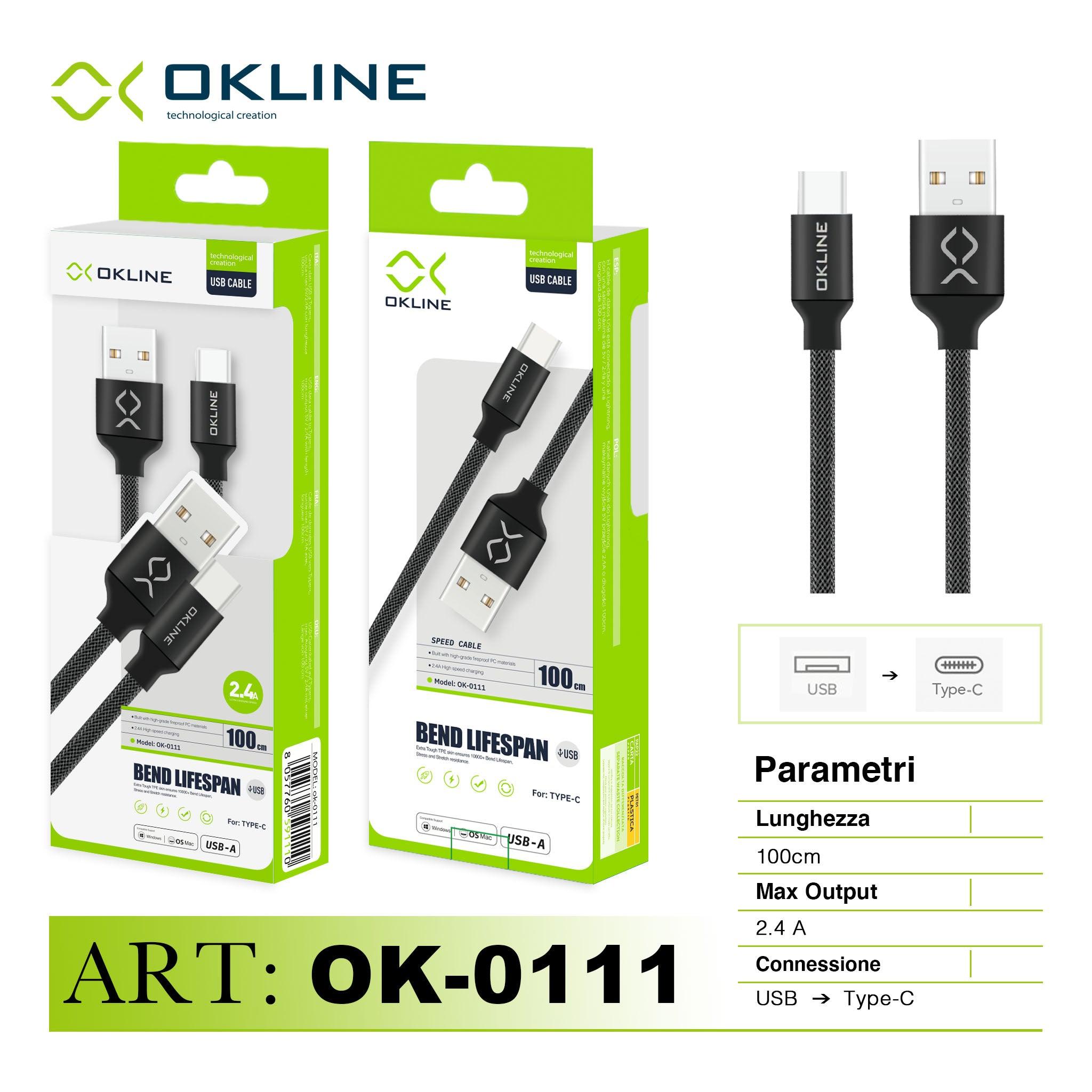 ART.OK-0111 OKLINE Type-C USB Cavo intrecciato 2.4A 100cm Nero - koseakasa
