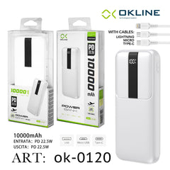 ART.OK-0120 OKLINE WHITE DISPLAY LED POWER BANK 10000mAH CON USCITA PD 22.5W E CAVI INCORPORATI - koseakasa