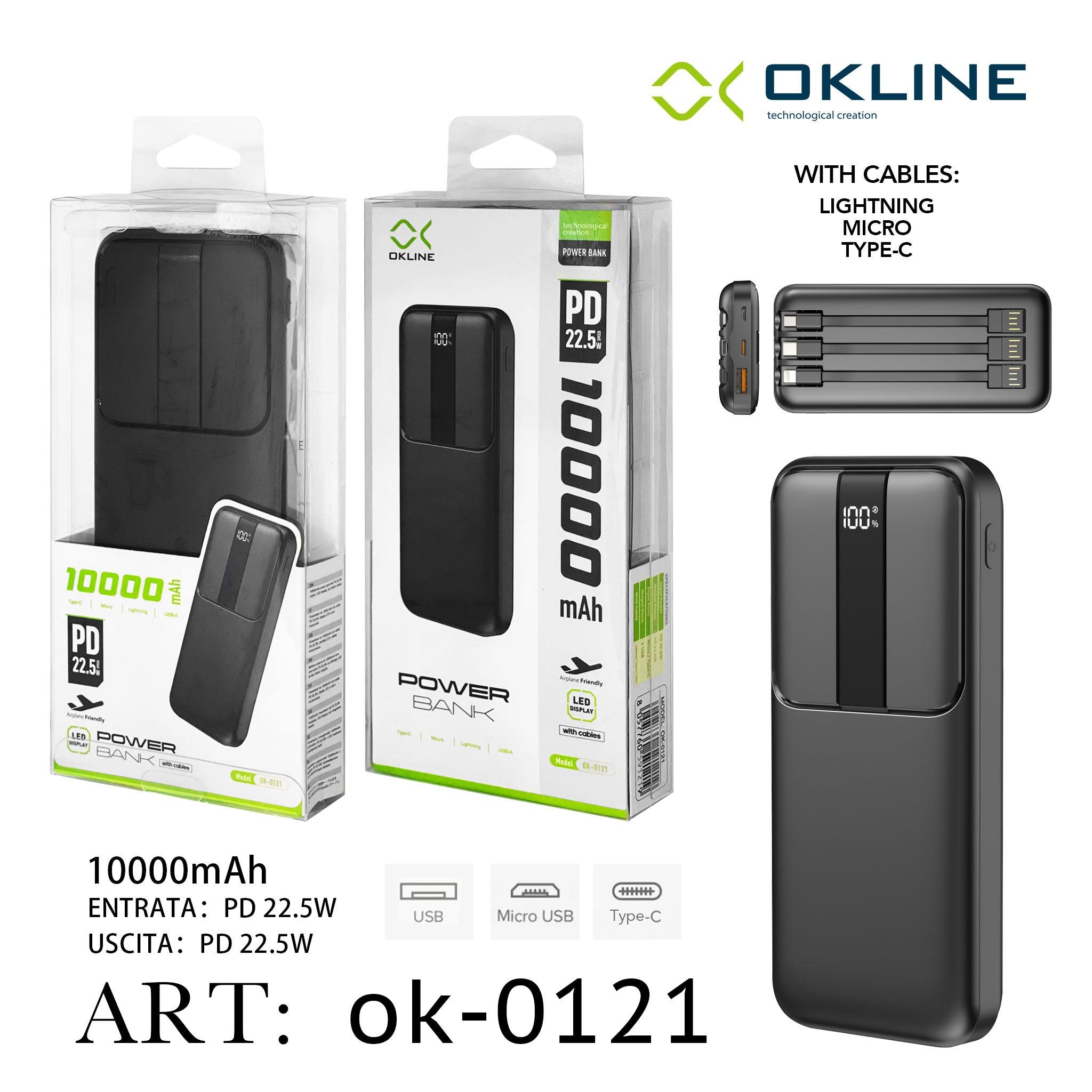 ART.OK-0121 OKLINE BLACK DISPLAY LED POWER BANK 10000mAH CON USCITA PD 22.5W E CAVI INCORPORATI - koseakasa