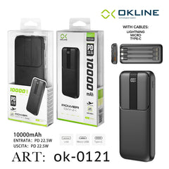 ART.OK-0121 OKLINE BLACK DISPLAY LED POWER BANK 10000mAH CON USCITA PD 22.5W E CAVI INCORPORATI - koseakasa