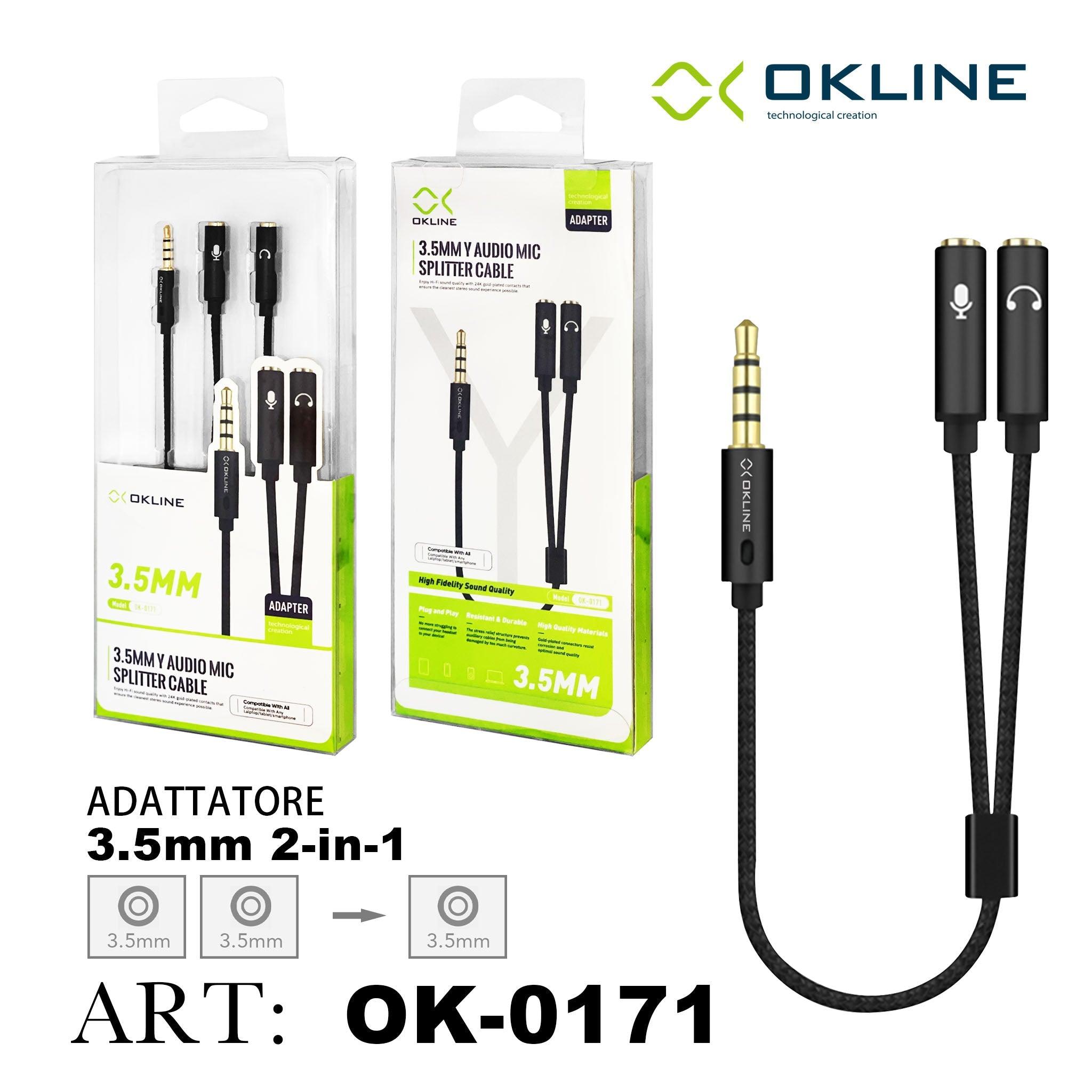 ART.OK-0171 OKLINE CAVO JACK 3.5MM MASCHIO A 2FEMMINA ADATTATORE SDOPPIATORE CUFFIE E MICROFONO NERO - koseakasa