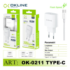 ART.OK-0211TC OKLINE Caricatore da muro PD20W Con Type-C Type-C Cavo Bianco - koseakasa