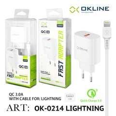 ART.OK-0214IP OKLINE Caricatore da muro USBQC3.0 18W Con Iphone Lightning USB Cavo Bianco - koseakasa