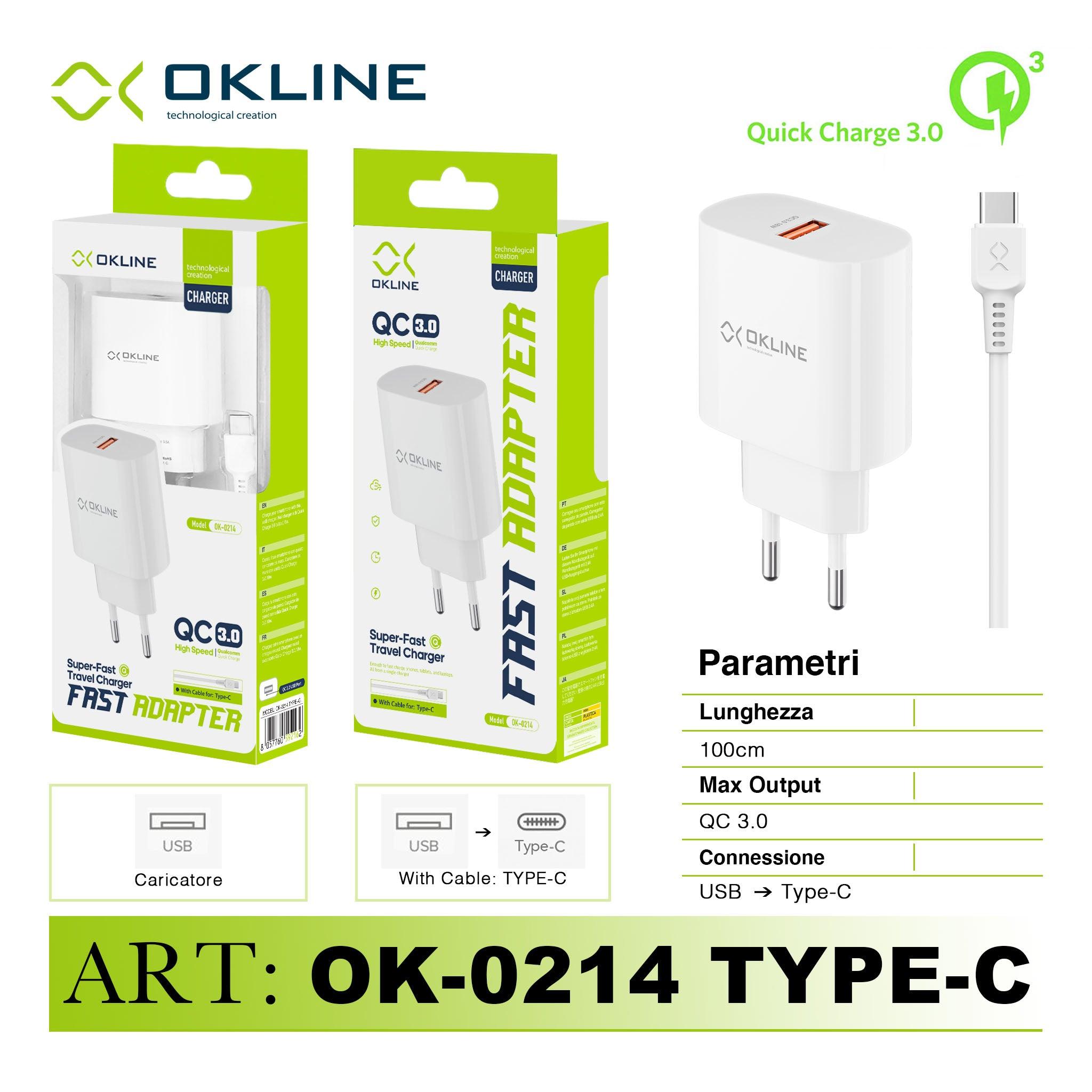 ART.OK-0214TC OKLINE Caricatore da muro USBQC3.0 18W Con Type-C USB Cavo Bianco - koseakasa