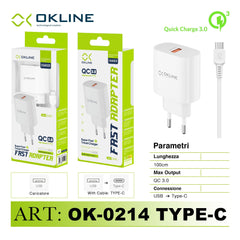 ART.OK-0214TC OKLINE Caricatore da muro USBQC3.0 18W Con Type-C USB Cavo Bianco - koseakasa