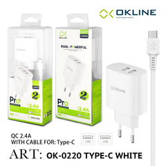 ART.OK-0220TC OKLINE Caricatore da muro doppia USB 2.4A Con Type-C USB Cavo Bianco - koseakasa
