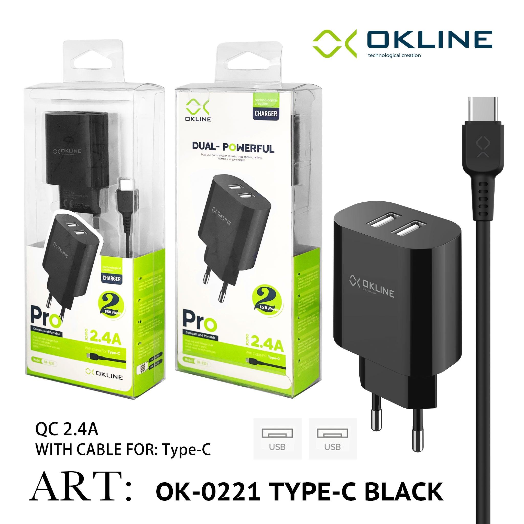 ART.OK-0221TC OKLINE Caricatore da muro doppia USB 2.4A Con Type-C USB Cavo Nero - koseakasa