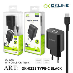 ART.OK-0221TC OKLINE Caricatore da muro doppia USB 2.4A Con Type-C USB Cavo Nero - koseakasa