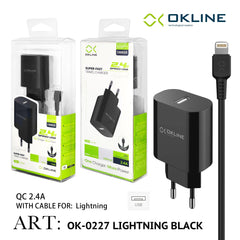 ART.OK-0227IP OKLINE Caricatore da muro USB 2.4A Con Iphone Lightning USB Cavo Nero - koseakasa