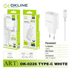 ART.OK-0226TC OKLINE Caricatore da muro USB 2.4A Con Type-C USB Cavo Bianco - koseakasa