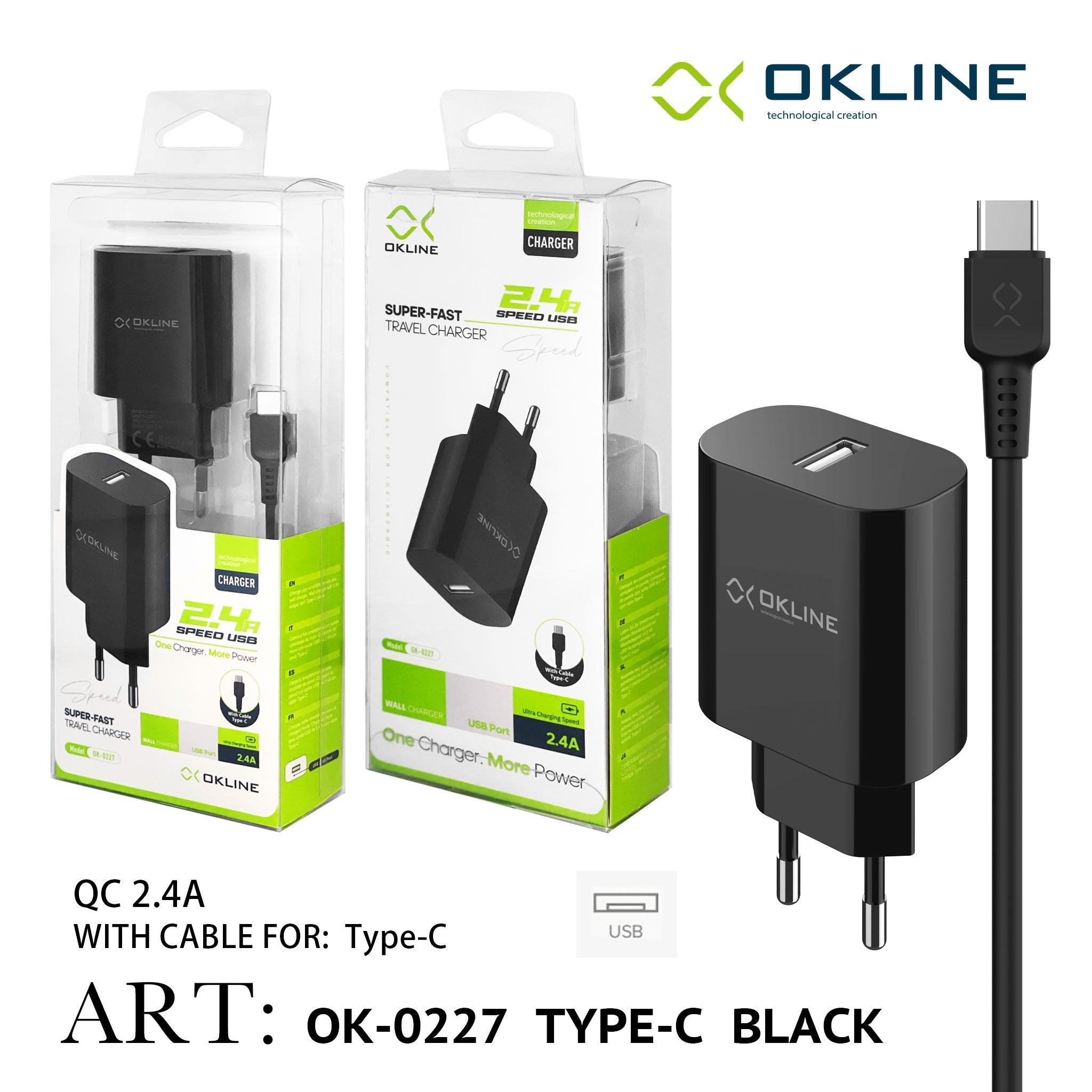 ART.OK-0227TC OKLINE Caricatore da muro USB 2.4A Con Type-C USB Cavo Nero - koseakasa