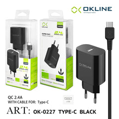 ART.OK-0227TC OKLINE Caricatore da muro USB 2.4A Con Type-C USB Cavo Nero - koseakasa