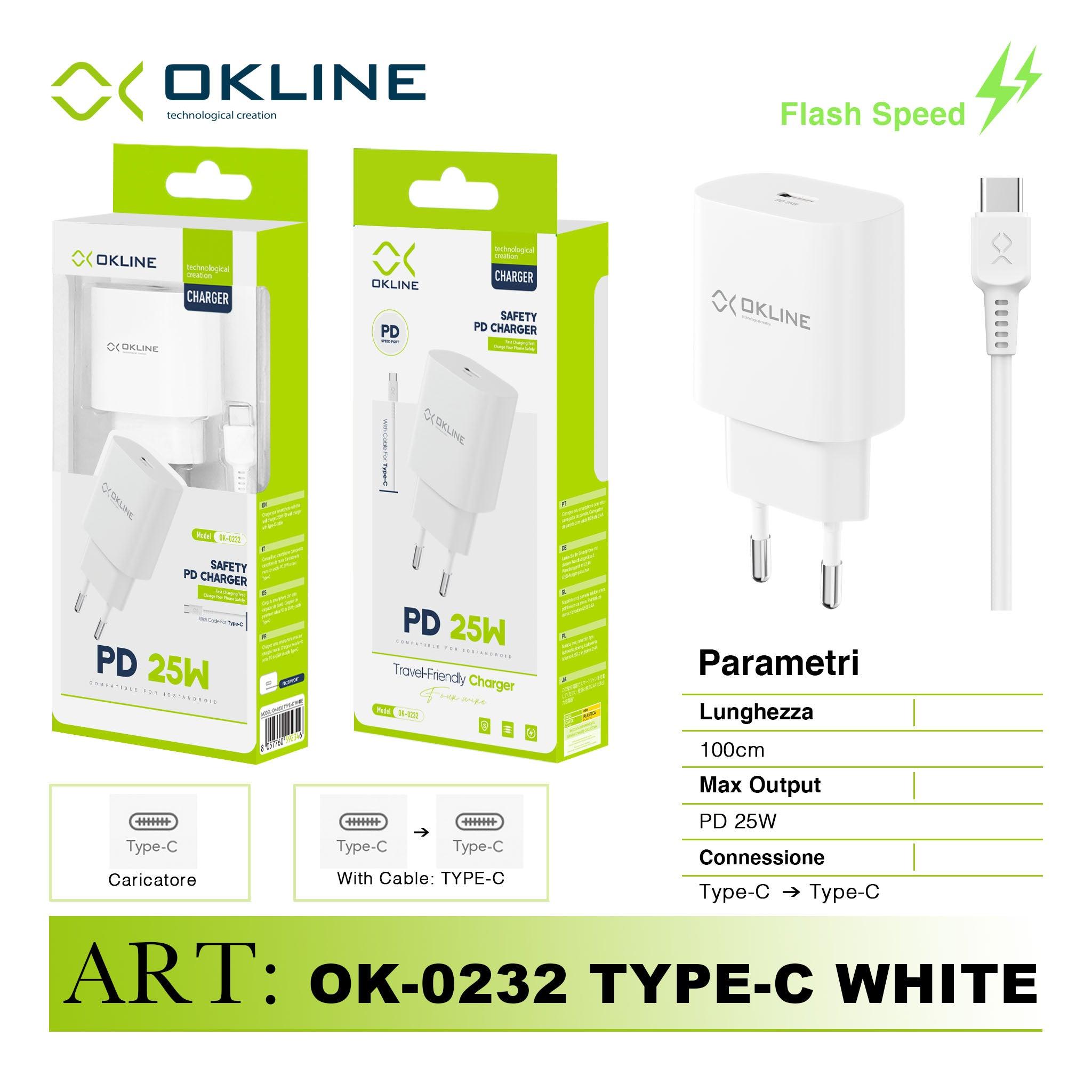 ART.OK-0232TC OKLINE Caricatore da muro PD 25W Con Type-C Type-C Cavo Bianco - koseakasa