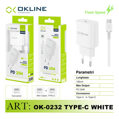 ART.OK-0232TC OKLINE Caricatore da muro PD 25W Con Type-C Type-C Cavo Bianco - koseakasa
