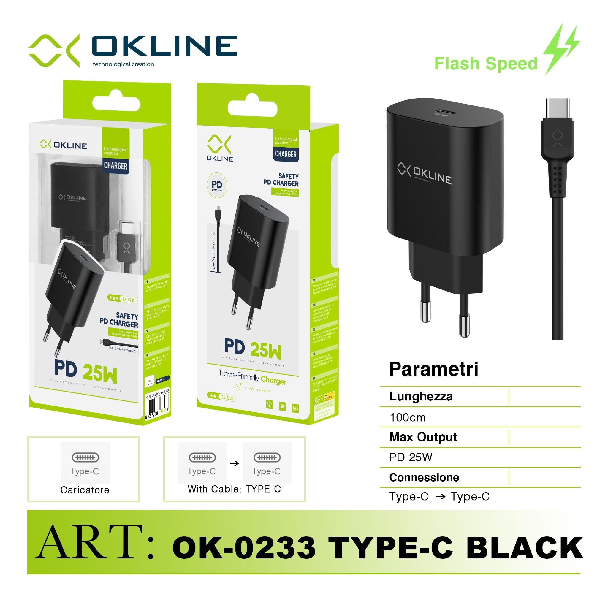 ART.OK-0233TC OKLINE Caricatore da muro PD 25W Con Type-C Type-C Cavo Nero - koseakasa