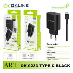 ART.OK-0233TC OKLINE Caricatore da muro PD 25W Con Type-C Type-C Cavo Nero - koseakasa