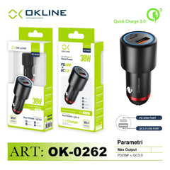 ART.OK-0262 OKLINE PD20W e QC3.0 Caricatore Auto Nero - koseakasa