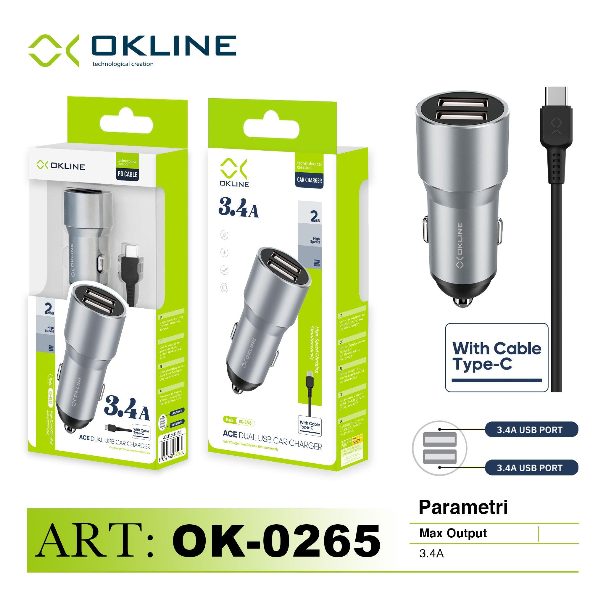 ART.OK-0263TC OKLINE 2USB Caricatore Auto 3.4A Con Type-C USB Cavo Grigio - koseakasa