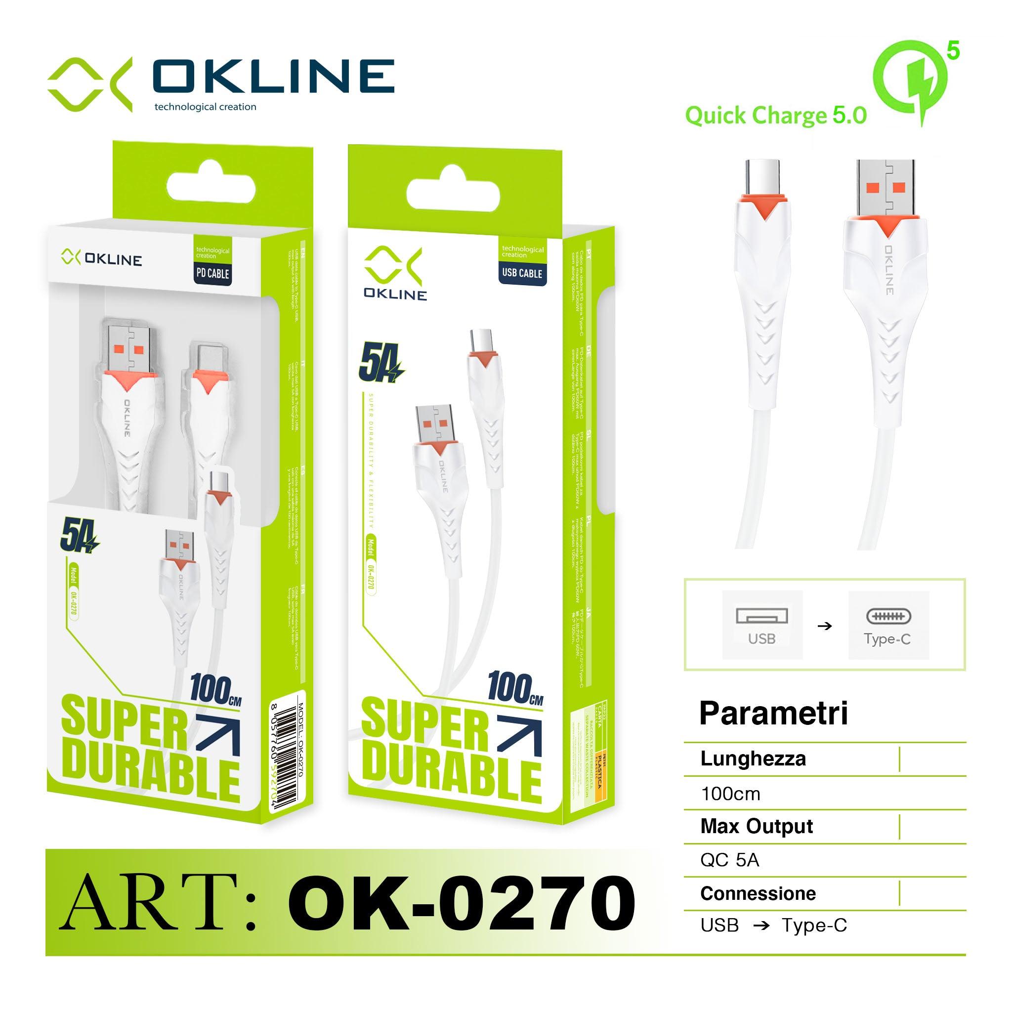ART.OK-0270 OKLINE Type-C USB Cavo 5A 100cm Bianco - koseakasa