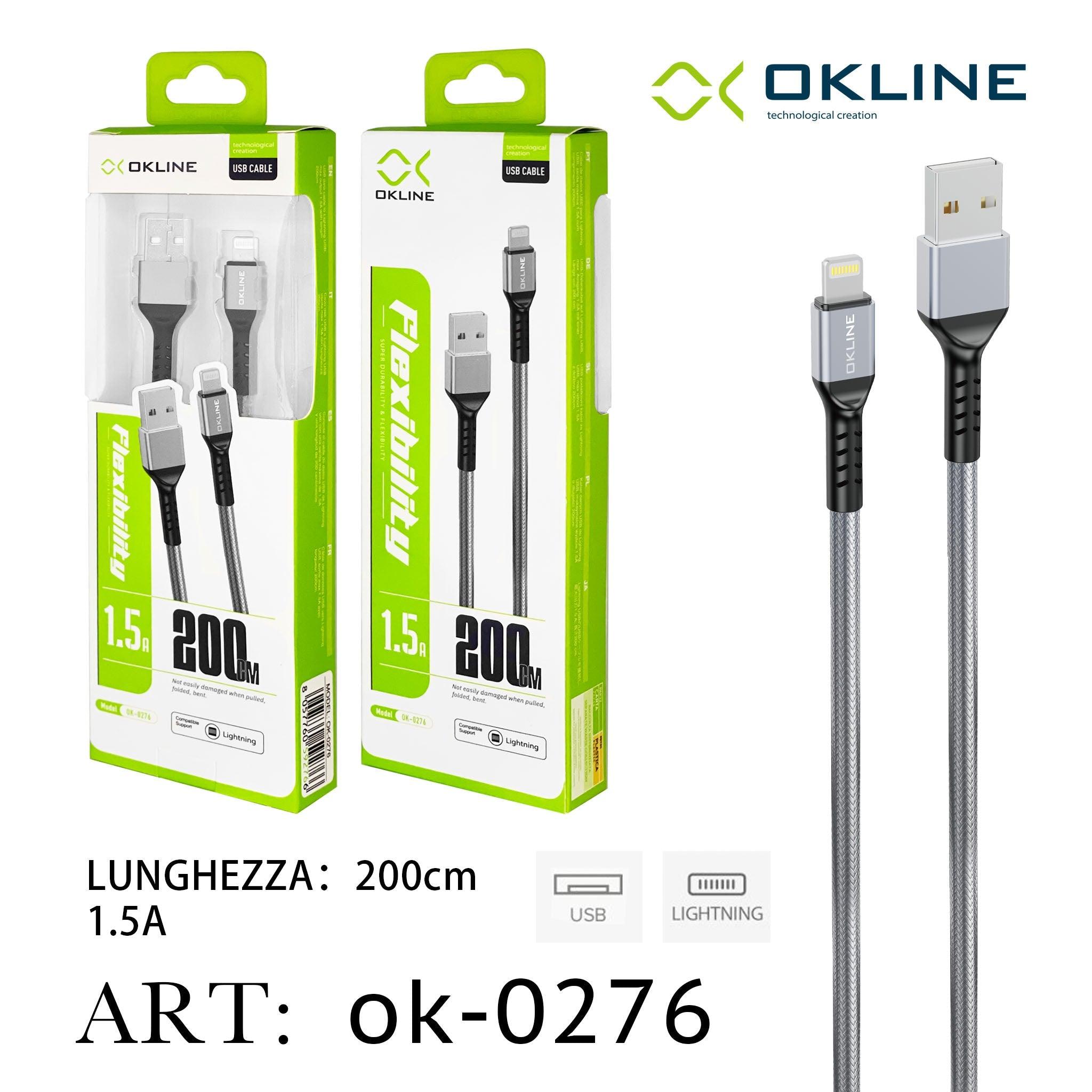 ART.OK-0276 OKLINE Iphone Lightning USB Cavo intrecciato 1.5A 200cm Argento - koseakasa