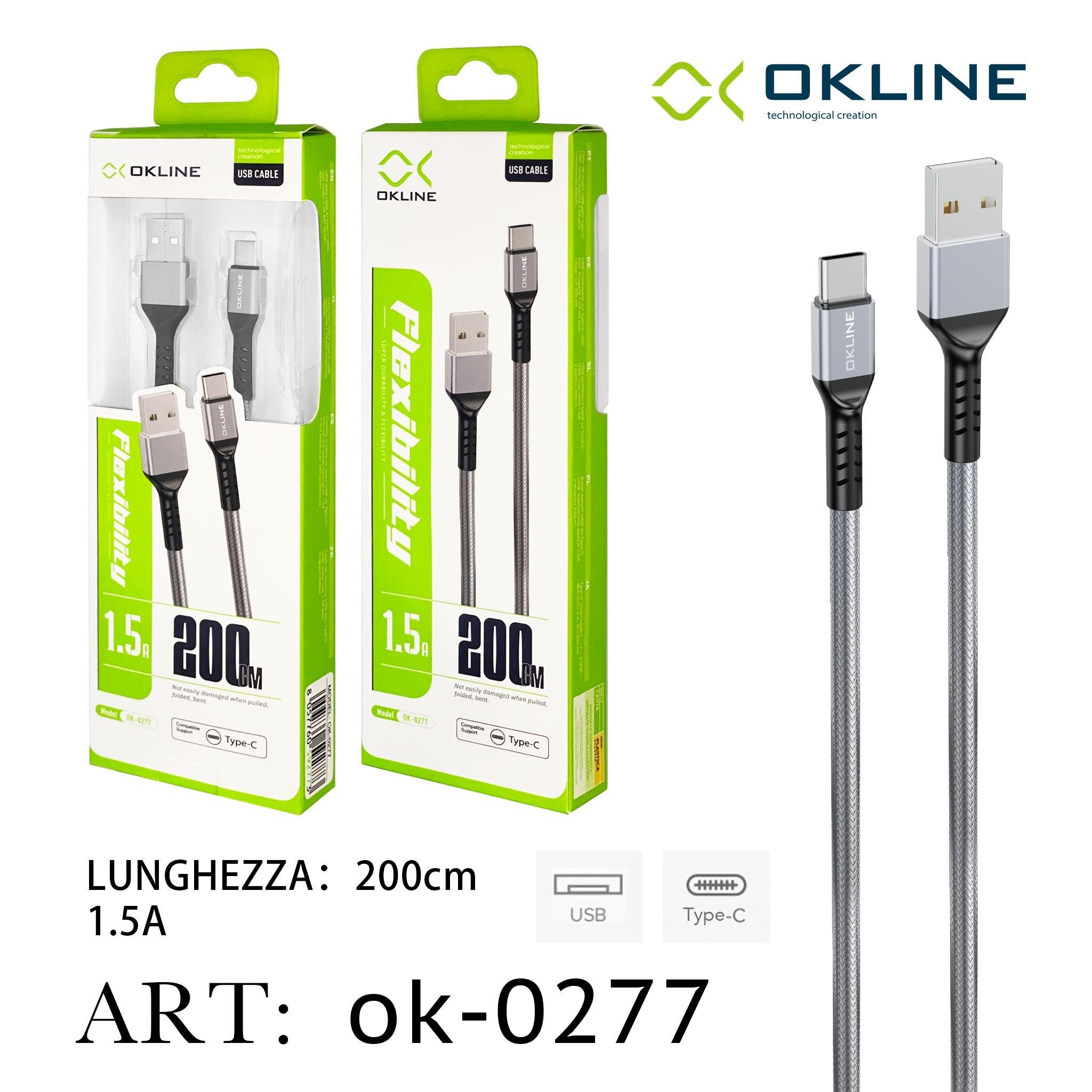 ART.OK-0277 OKLINE Type-C USB Cavo intrecciato 1.5A 200cm Argento - koseakasa