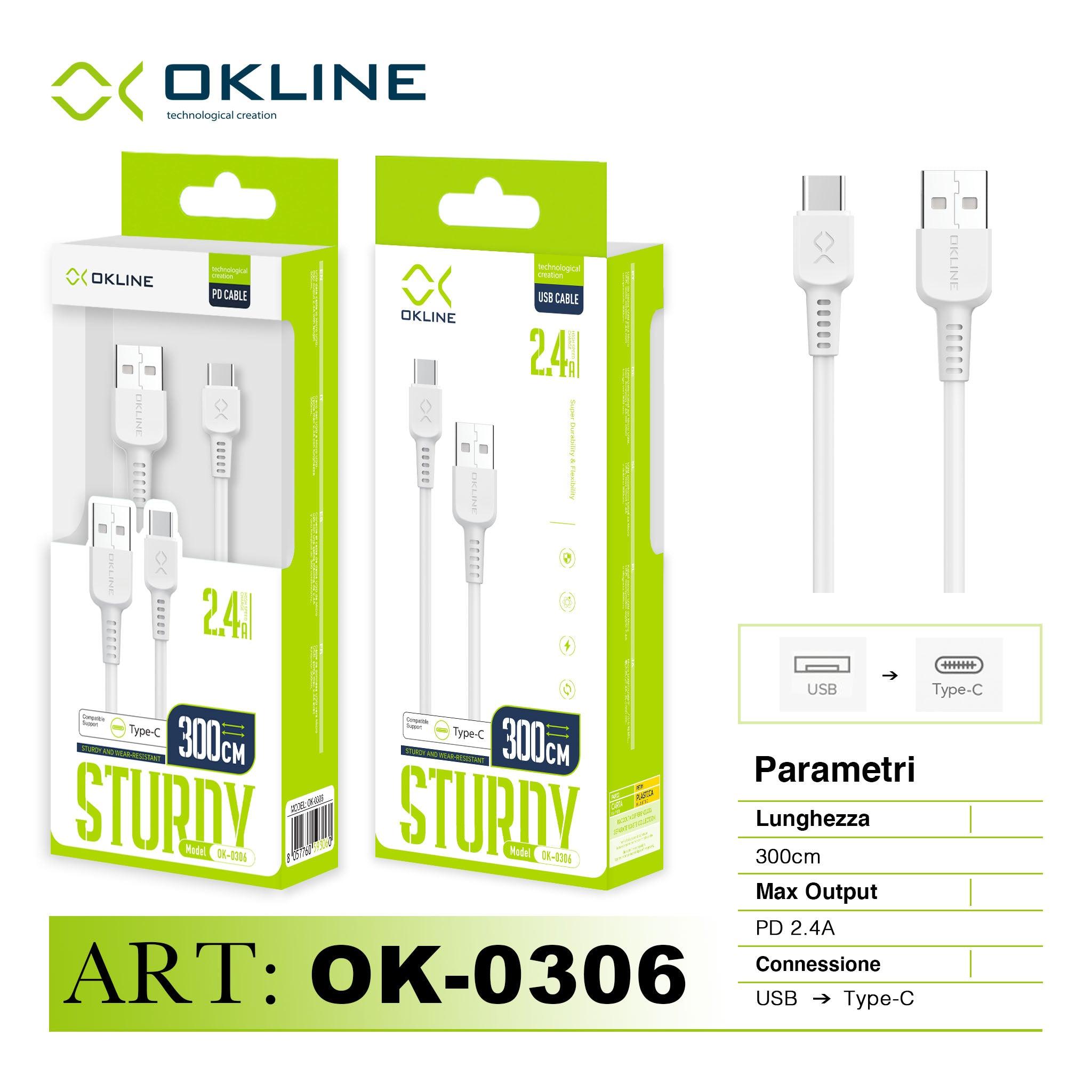 ART.OK-0306 OKLINE Type-C USB Cavo 2.4A 300cm Bianco - koseakasa