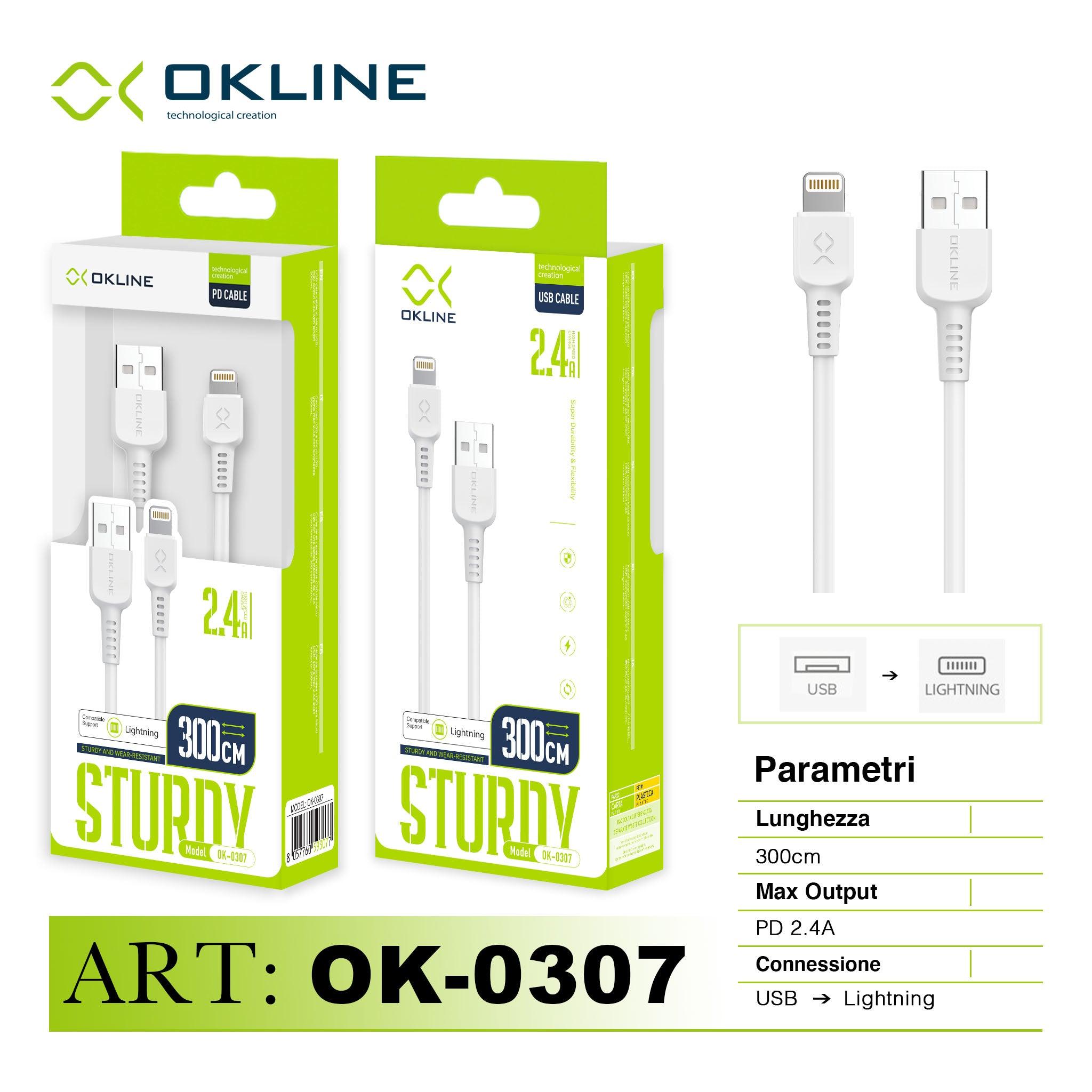 ART.OK-0307 OKLINE Iphone Lightning USB Cavo 2.4A 300cm Bianco - koseakasa