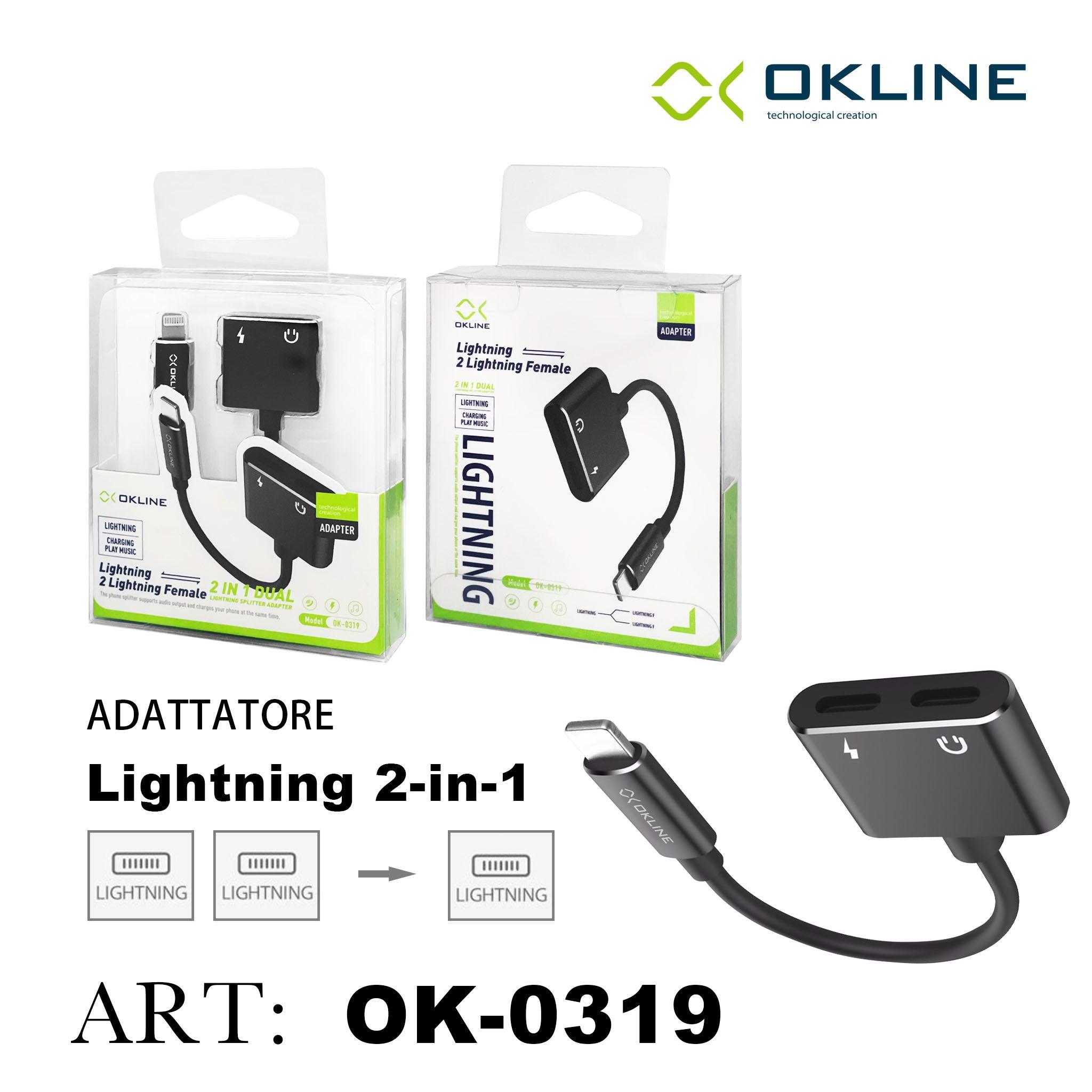 ART.OK-0319 OKLINE 2IN1 ADATTATORE LIGHTNING A 2 LIGHTNING F AUDIO E RICARICA NERO - koseakasa