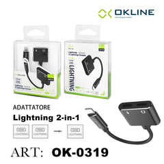 ART.OK-0319 OKLINE 2IN1 ADATTATORE LIGHTNING A 2 LIGHTNING F AUDIO E RICARICA NERO - koseakasa