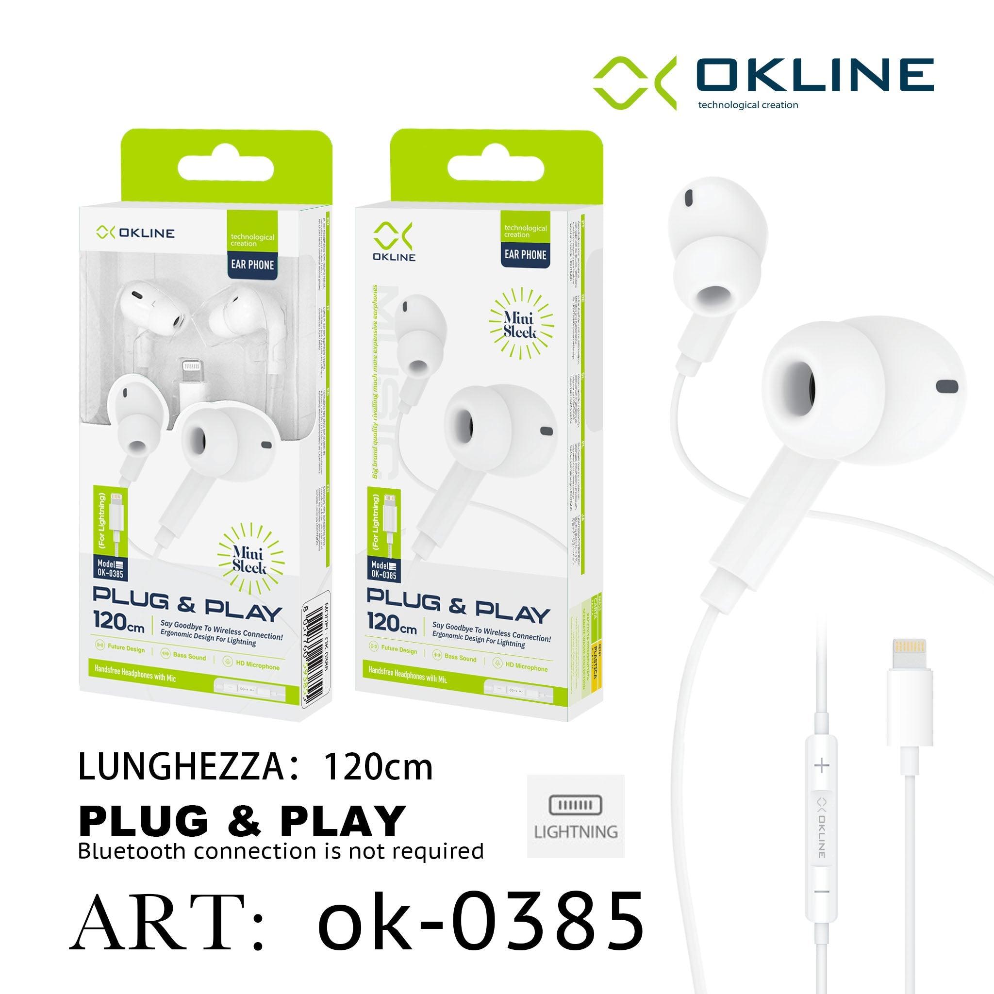 ART.OK-0385 OKLINE MINI SLEEK AURICOLARE PLUG PLAY A FILO INTRECCIATO IPHONE LIGHTNING BIANCO - koseakasa