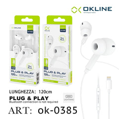 ART.OK-0385 OKLINE MINI SLEEK AURICOLARE PLUG PLAY A FILO INTRECCIATO IPHONE LIGHTNING BIANCO - koseakasa