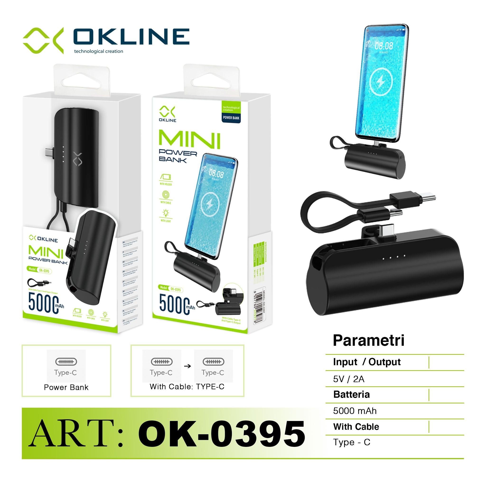 ART.OK-0395 OKLINE MINI POWER BANK 5000mAH CON TYPE-C CAVO E TYPE-C OUTPUT NERO - koseakasa