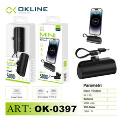 ART.OK-0397 OKLINE MINI POWER BANK 5000mAH CON TYPE-C CAVO E IPHONE LIGHTNING OUTPUT NERO - koseakasa